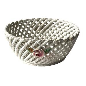 Vintage Floral Ceramic Woven Bowl: Mid-Century, Made in Spain, Cottagecore